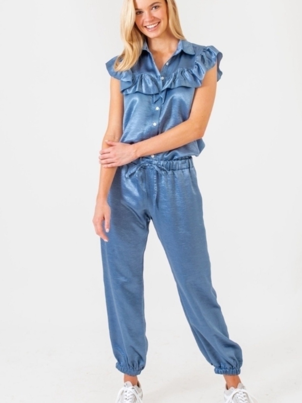 Women's Ruffled Satin Button-Up Blouse in Slate Blue